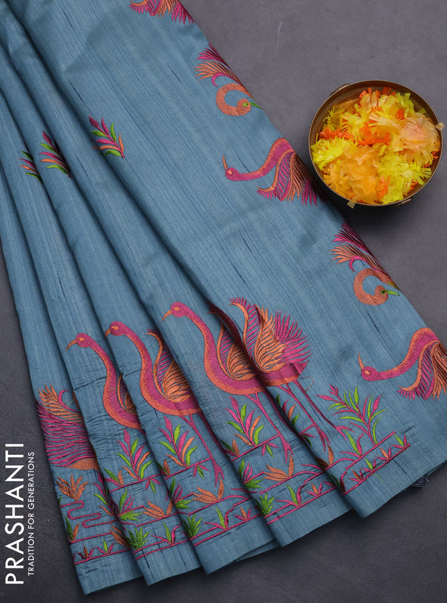 Semi raw silk saree pastel blue with embroidery work buttas and brid design embroidery border