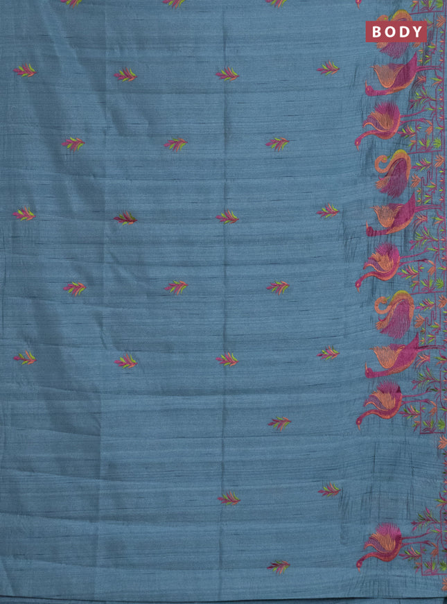 Semi raw silk saree pastel blue with embroidery work buttas and brid design embroidery border