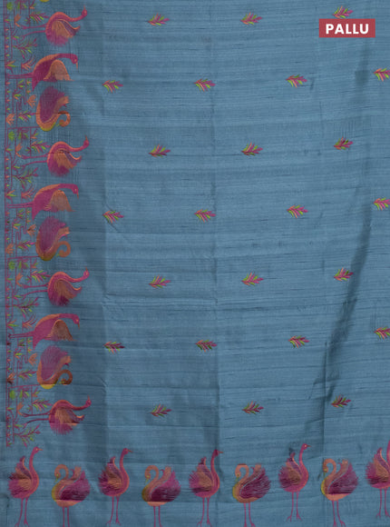 Semi raw silk saree pastel blue with embroidery work buttas and brid design embroidery border