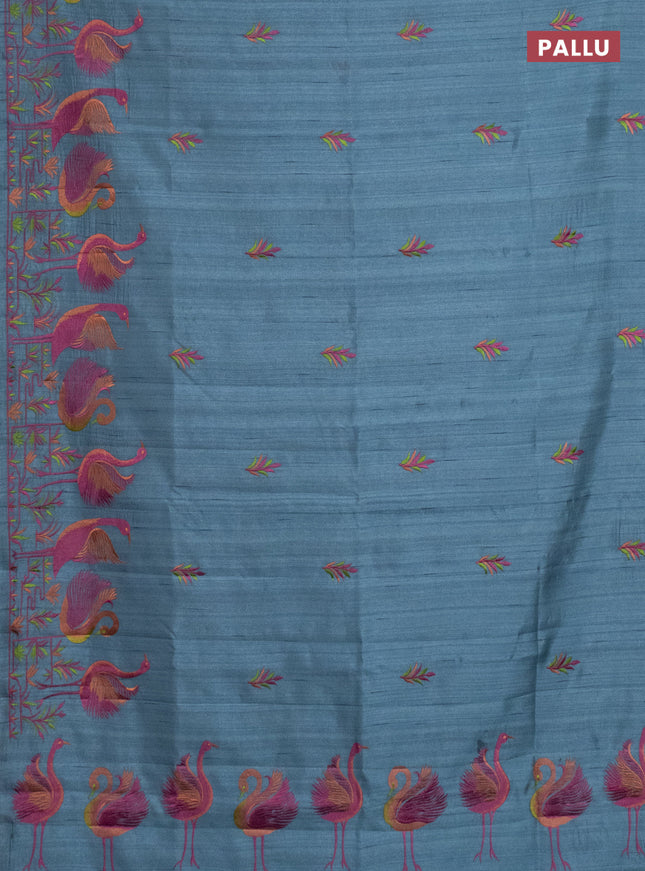 Semi raw silk saree pastel blue with embroidery work buttas and brid design embroidery border