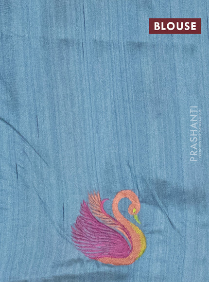 Semi raw silk saree pastel blue with embroidery work buttas and brid design embroidery border