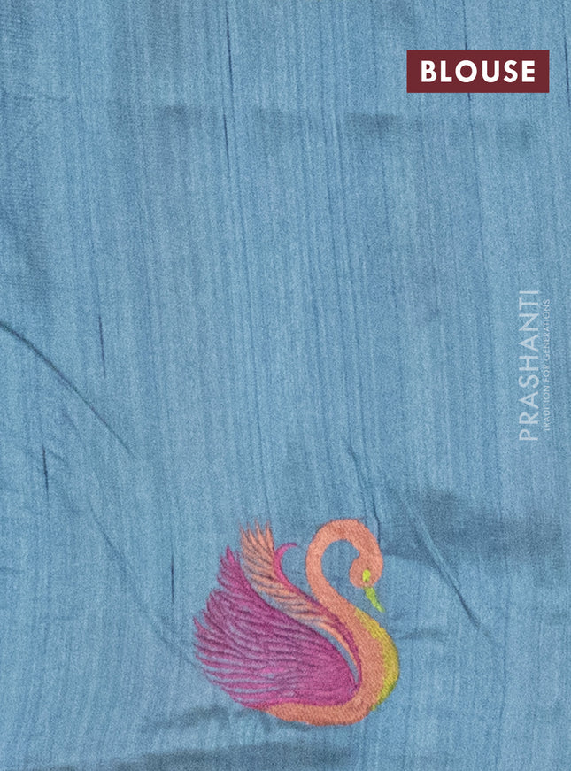 Semi raw silk saree pastel blue with embroidery work buttas and brid design embroidery border