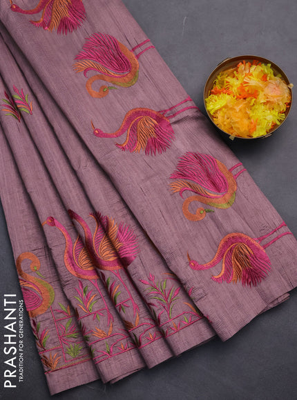 Semi raw silk saree rosy brown with embroidery work buttas and brid design embroidery border