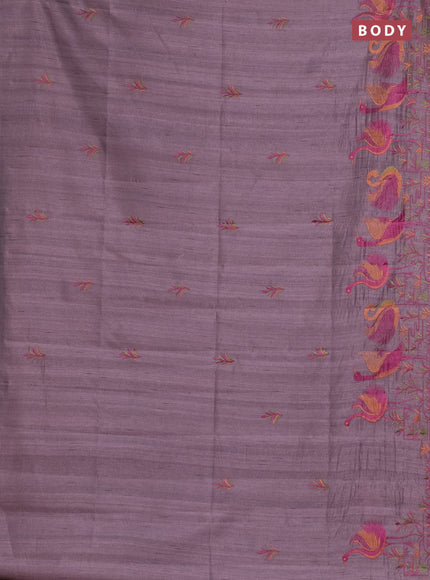 Semi raw silk saree rosy brown with embroidery work buttas and brid design embroidery border