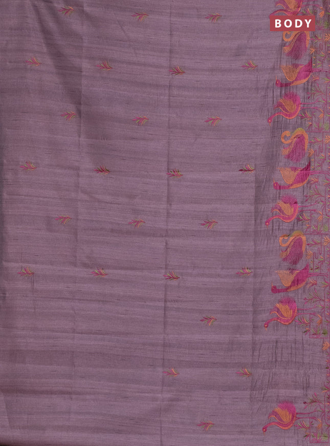 Semi raw silk saree rosy brown with embroidery work buttas and brid design embroidery border