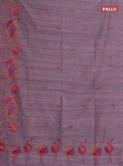 Semi raw silk saree rosy brown with embroidery work buttas and brid design embroidery border