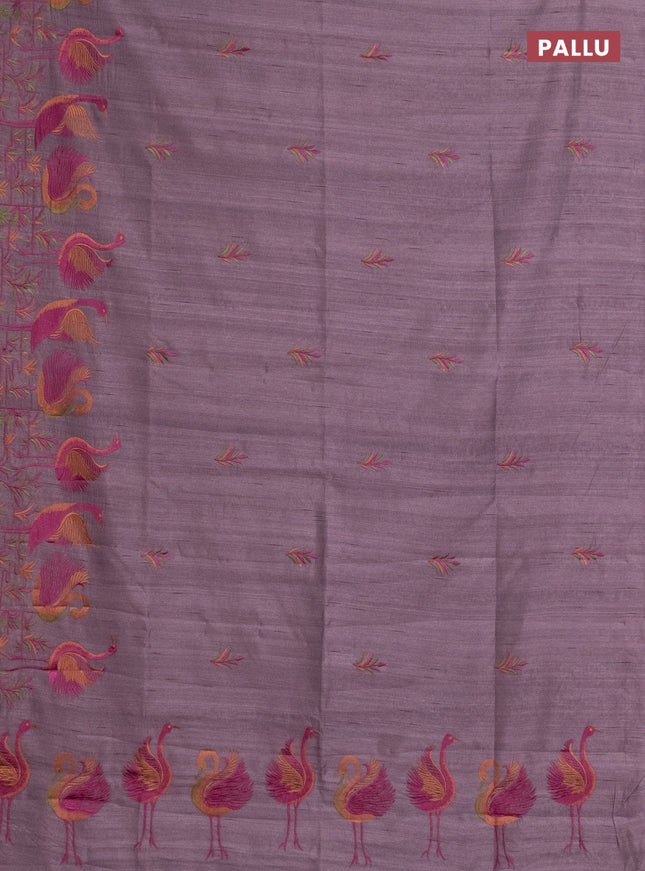 Semi raw silk saree rosy brown with embroidery work buttas and brid design embroidery border