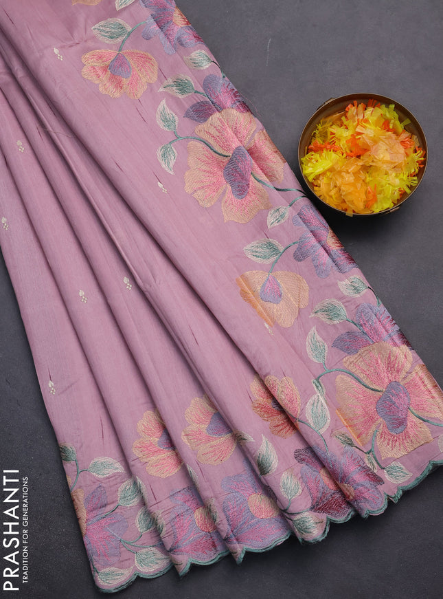 Semi raw silk saree lotus pink with embroidery work buttas and floral embroidery border