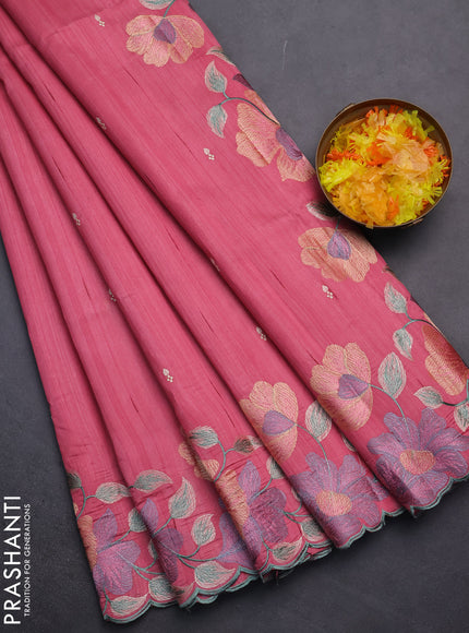Semi raw silk saree pink with embroidery work buttas and floral embroidery border