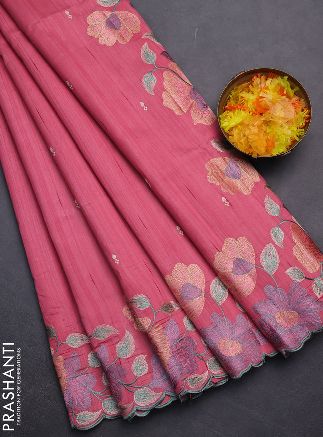 Semi raw silk saree pink with embroidery work buttas and floral embroidery border