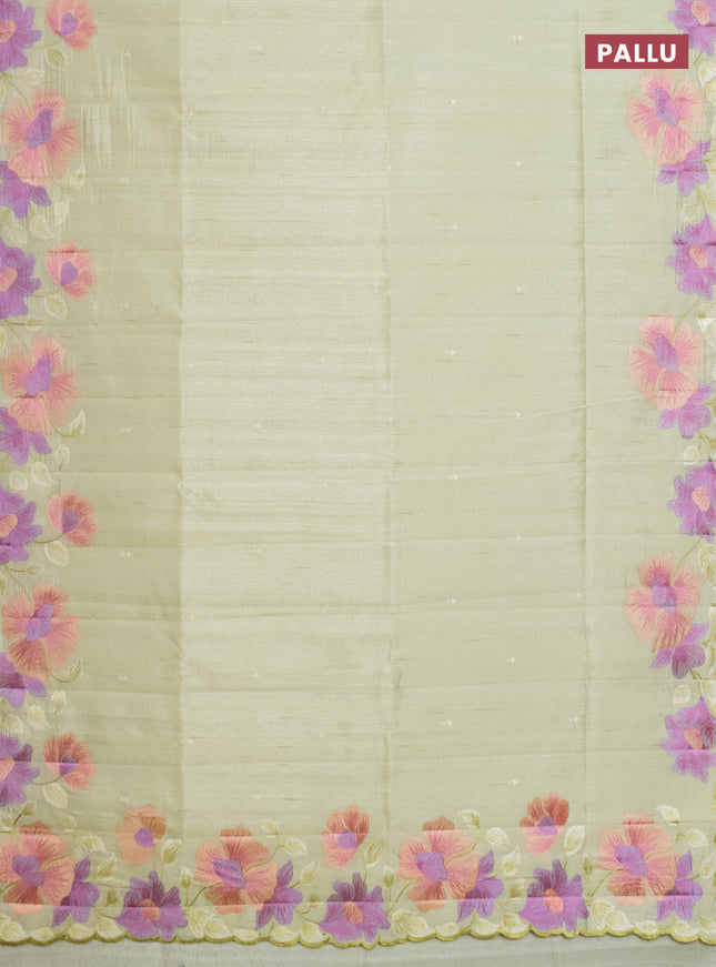 Semi raw silk saree pista green with embroidery work buttas and floral embroidery border