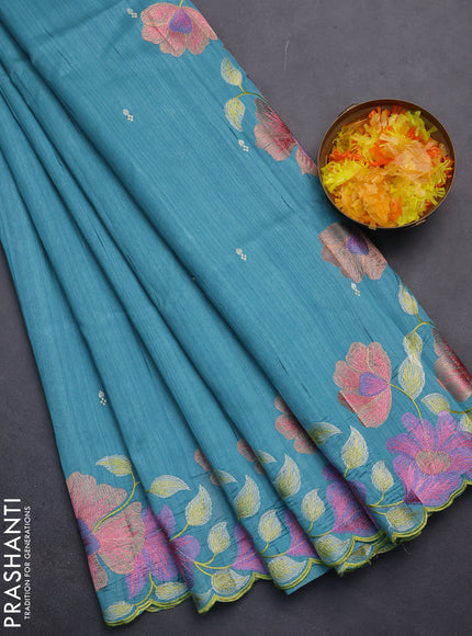 Semi raw silk saree teal blue with embroidery work buttas and floral embroidery border