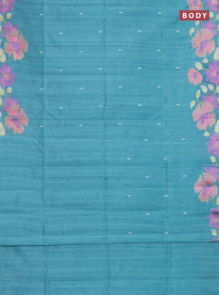 Semi raw silk saree teal blue with embroidery work buttas and floral embroidery border