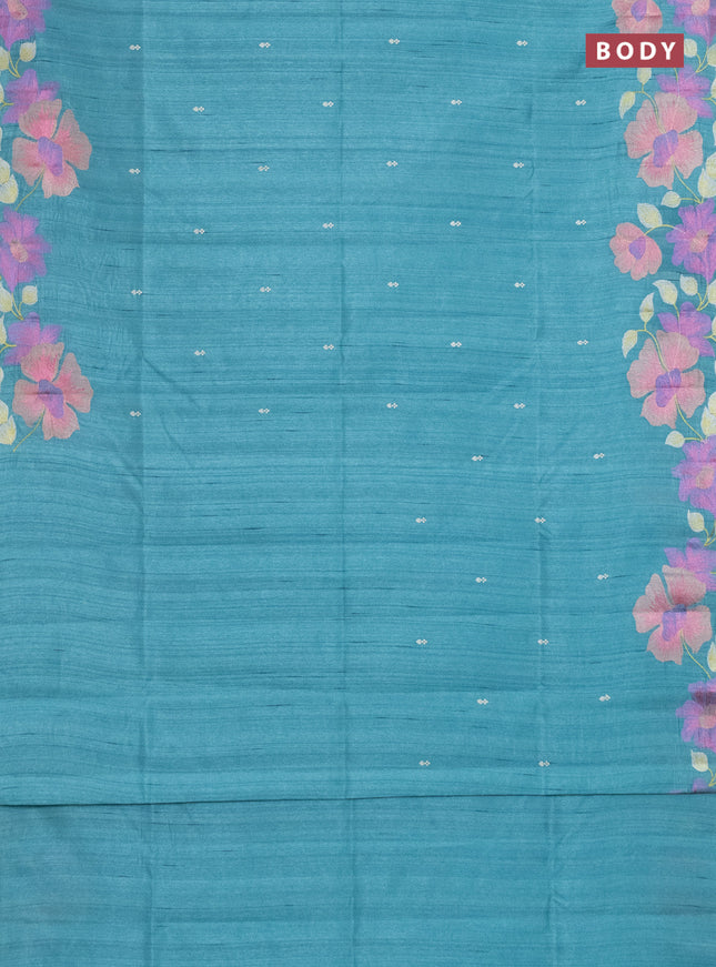 Semi raw silk saree teal blue with embroidery work buttas and floral embroidery border