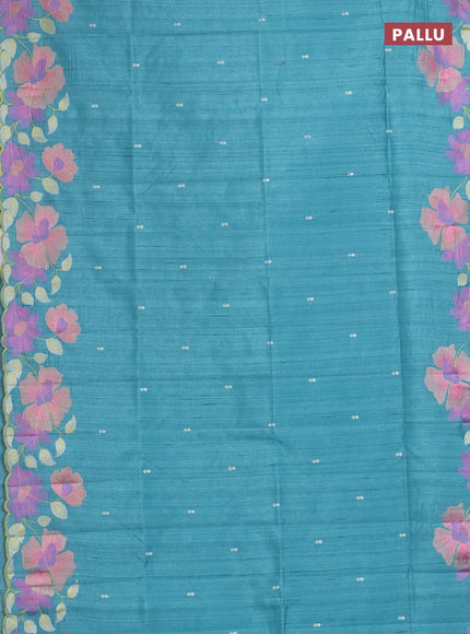 Semi raw silk saree teal blue with embroidery work buttas and floral embroidery border