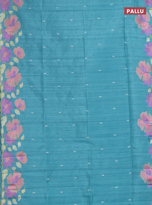 Semi raw silk saree teal blue with embroidery work buttas and floral embroidery border