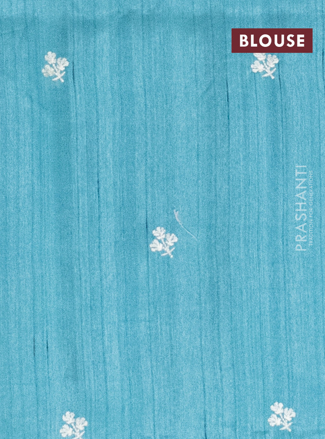 Semi raw silk saree teal blue with embroidery work buttas and floral embroidery border