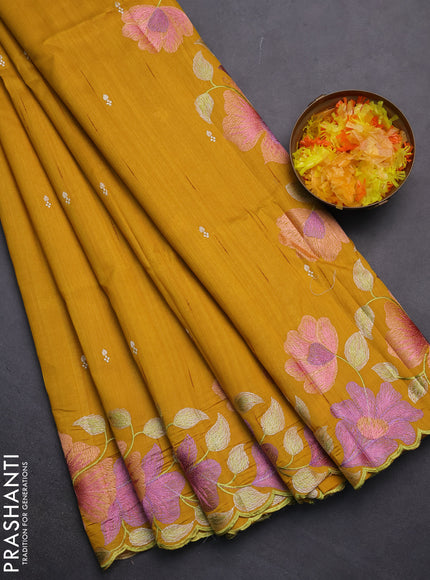 Semi raw silk saree mustard yellow with embroidery work buttas and floral embroidery border