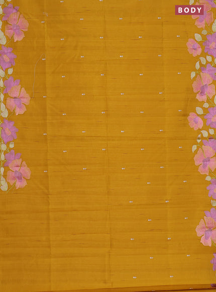 Semi raw silk saree mustard yellow with embroidery work buttas and floral embroidery border