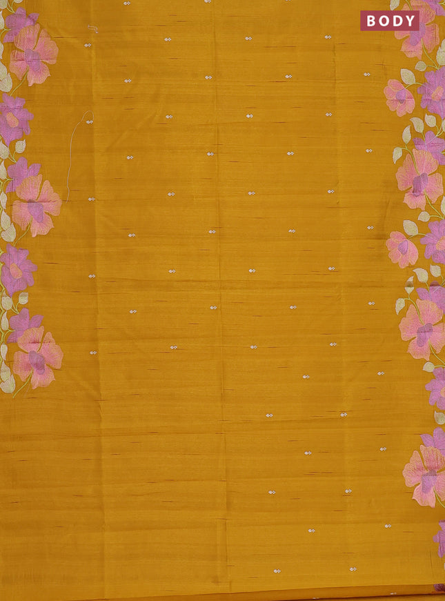 Semi raw silk saree mustard yellow with embroidery work buttas and floral embroidery border