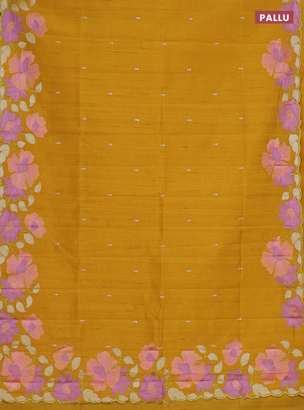 Semi raw silk saree mustard yellow with embroidery work buttas and floral embroidery border