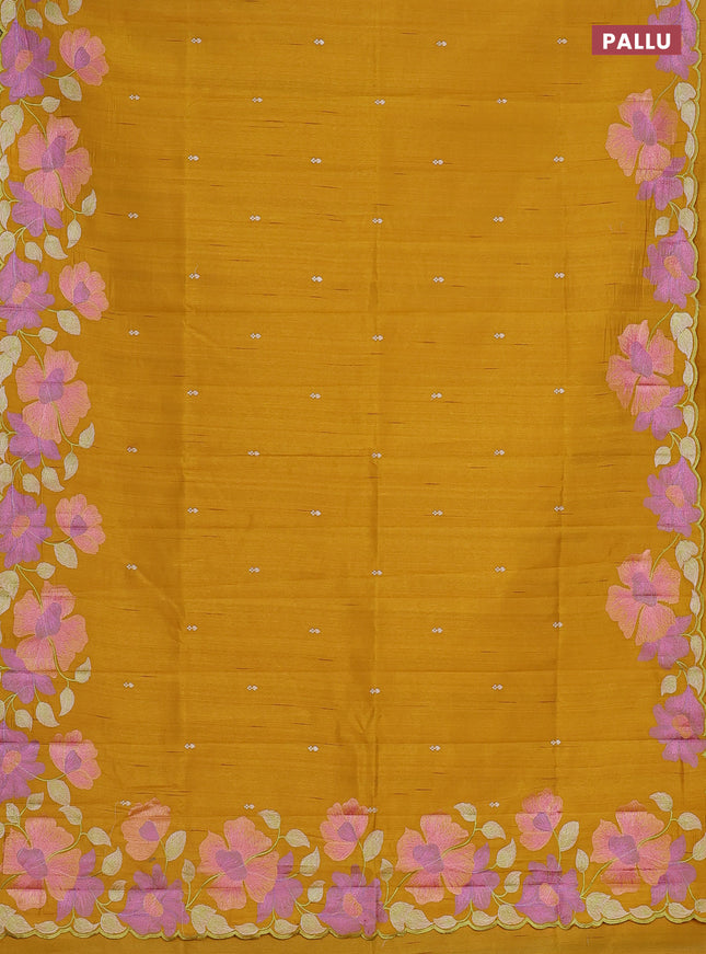 Semi raw silk saree mustard yellow with embroidery work buttas and floral embroidery border