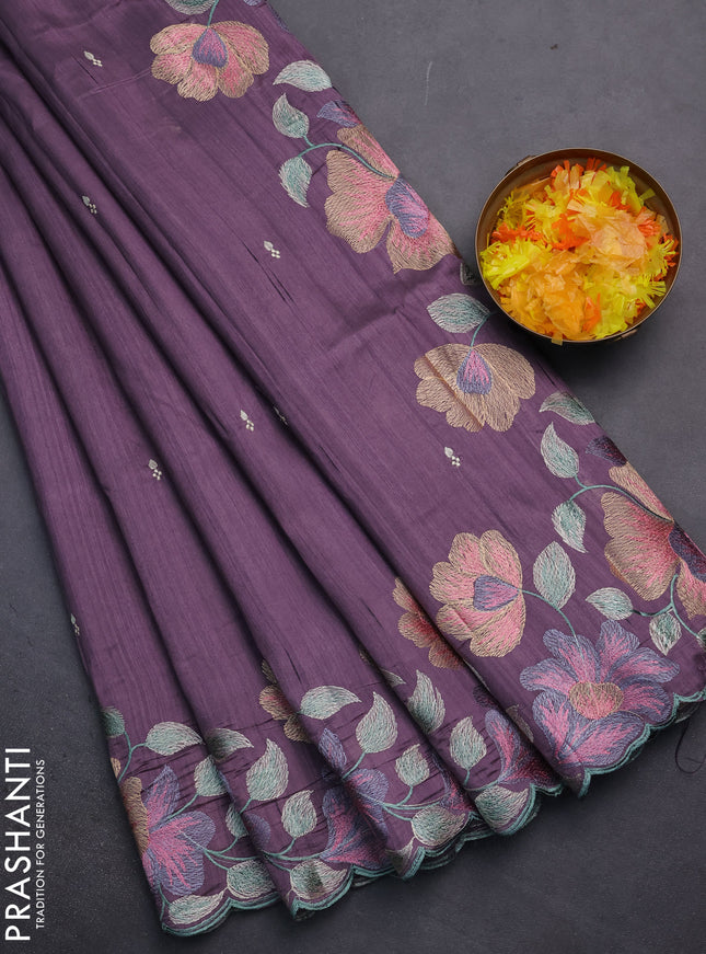 Semi raw silk saree purple shade with embroidery work buttas and floral embroidery border