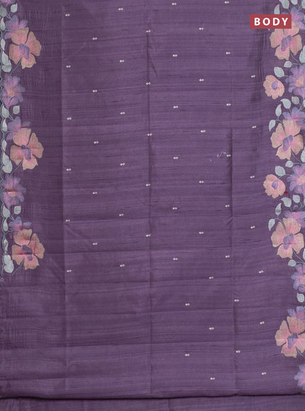 Semi raw silk saree purple shade with embroidery work buttas and floral embroidery border