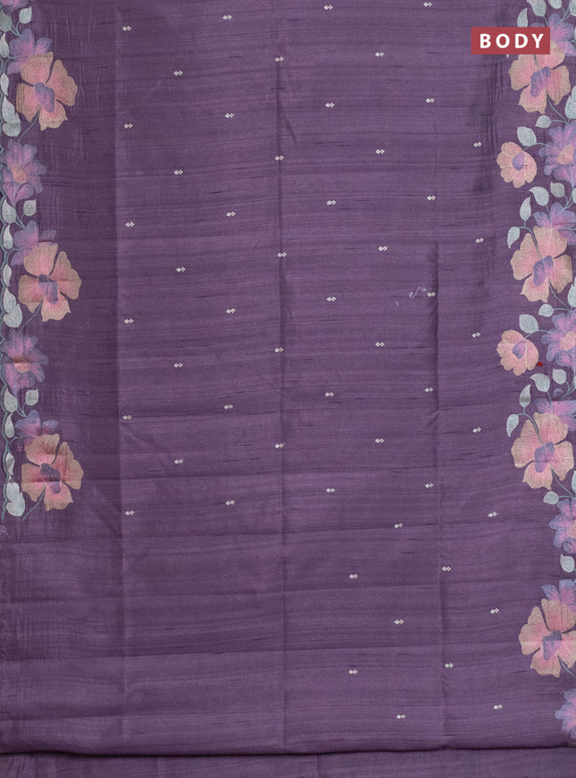 Semi raw silk saree purple shade with embroidery work buttas and floral embroidery border