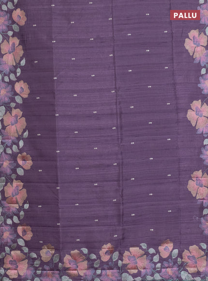 Semi raw silk saree purple shade with embroidery work buttas and floral embroidery border