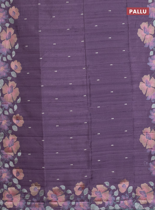 Semi raw silk saree purple shade with embroidery work buttas and floral embroidery border