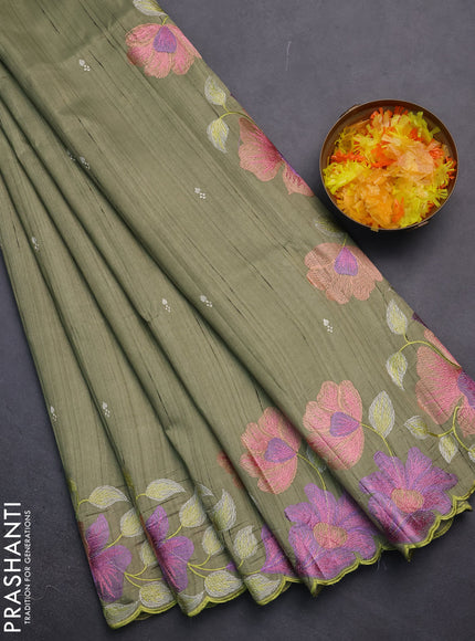 Semi raw silk saree pastel green with embroidery work buttas and floral embroidery border