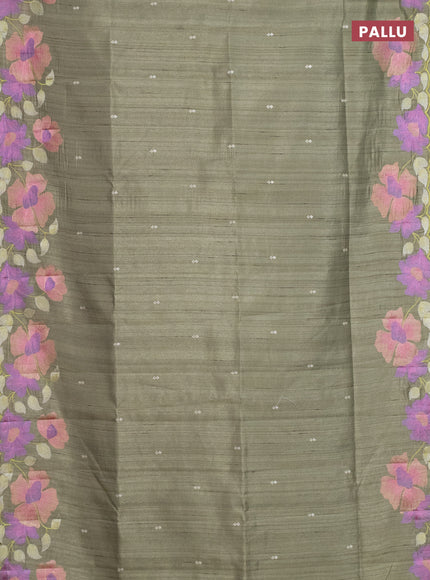 Semi raw silk saree pastel green with embroidery work buttas and floral embroidery border