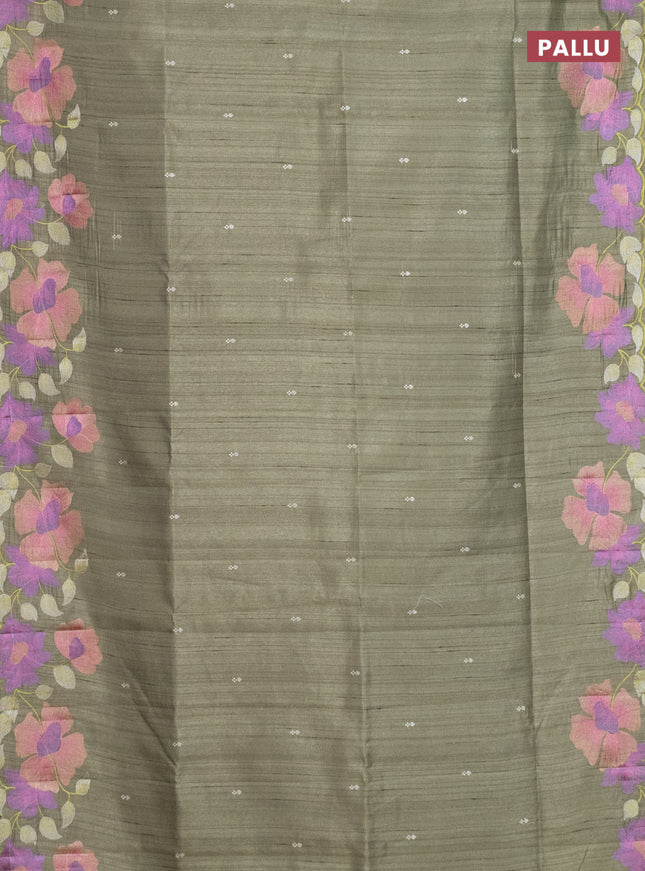 Semi raw silk saree pastel green with embroidery work buttas and floral embroidery border