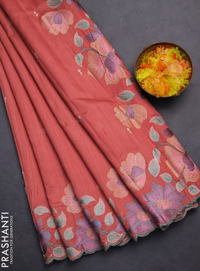 Semi raw silk saree dark peach with embroidery work buttas and floral embroidery border