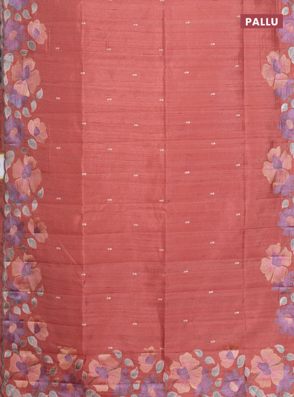 Semi raw silk saree dark peach with embroidery work buttas and floral embroidery border