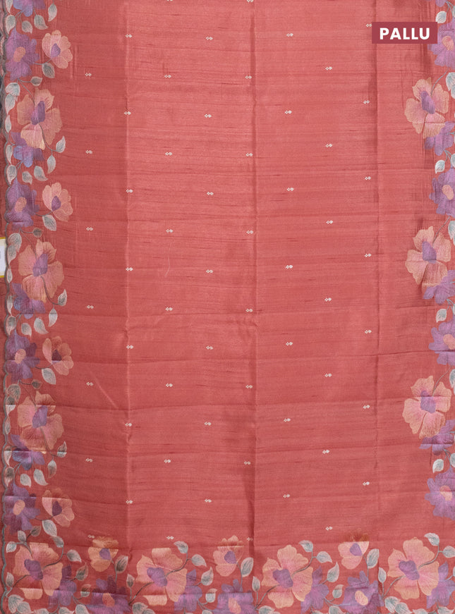 Semi raw silk saree dark peach with embroidery work buttas and floral embroidery border