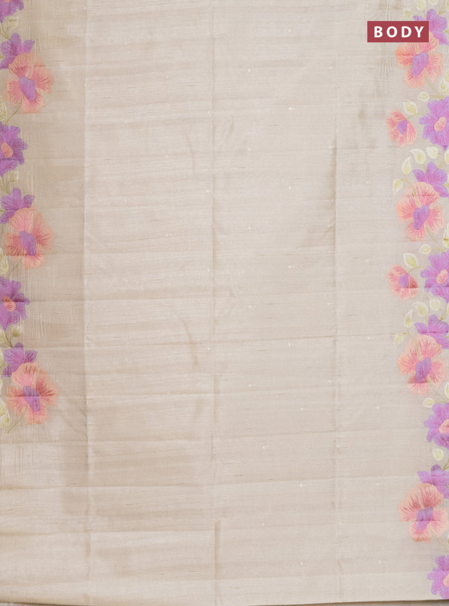 Semi raw silk saree cream with embroidery work buttas and floral embroidery border