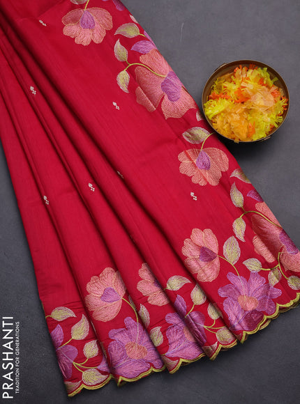 Semi raw silk saree dark pink with embroidery work buttas and floral embroidery border