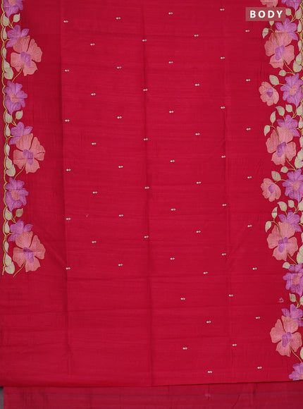 Semi raw silk saree dark pink with embroidery work buttas and floral embroidery border