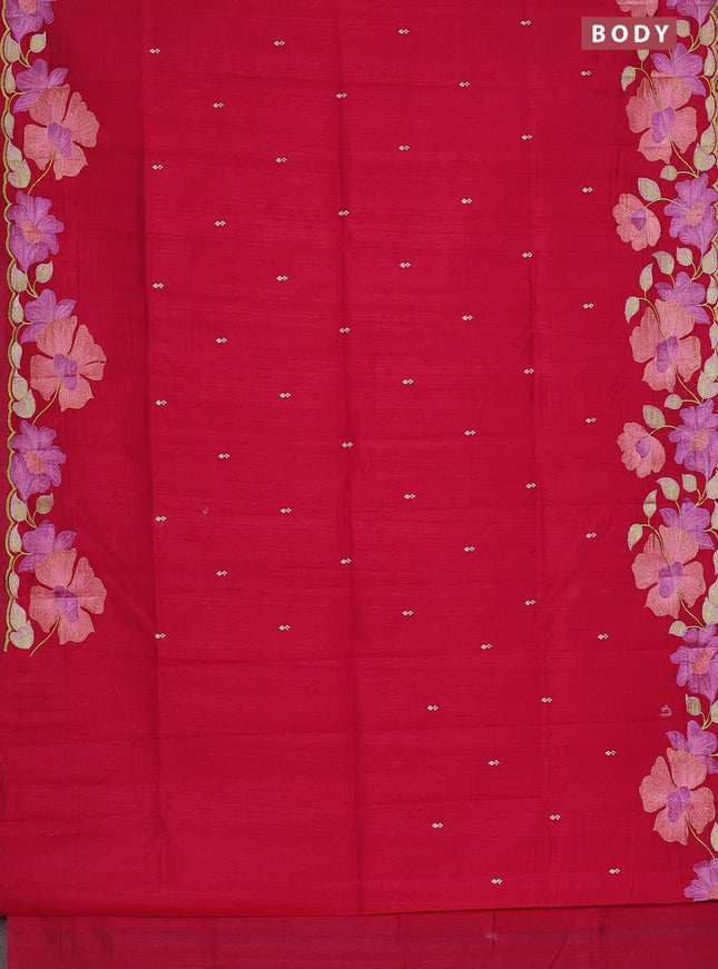 Semi raw silk saree dark pink with embroidery work buttas and floral embroidery border