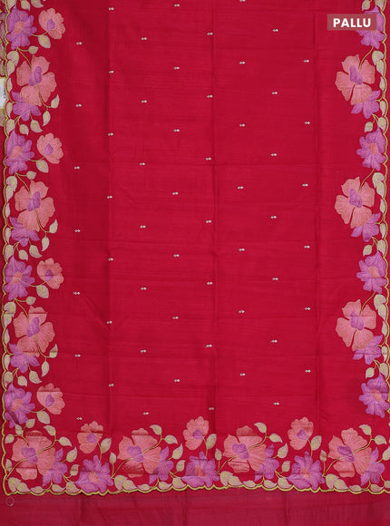 Semi raw silk saree dark pink with embroidery work buttas and floral embroidery border