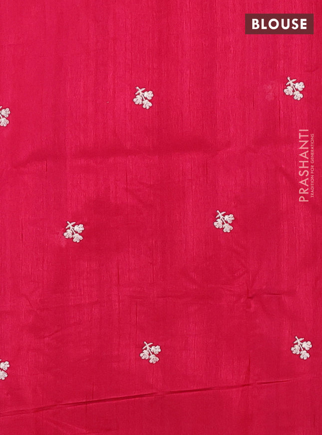 Semi raw silk saree dark pink with embroidery work buttas and floral embroidery border