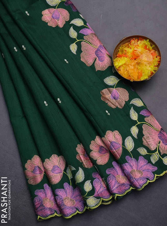 Semi raw silk saree dark green with embroidery work buttas and floral embroidery border