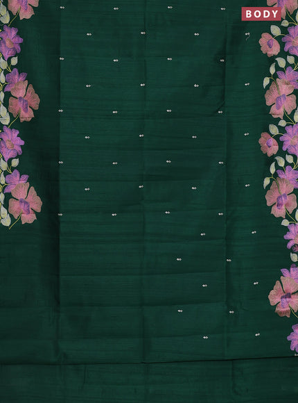 Semi raw silk saree dark green with embroidery work buttas and floral embroidery border