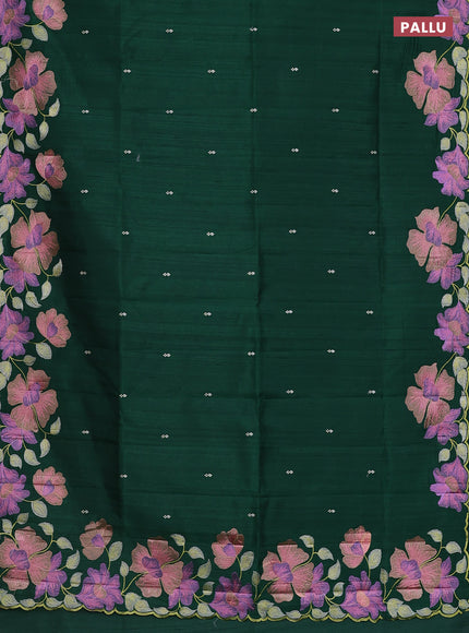 Semi raw silk saree dark green with embroidery work buttas and floral embroidery border