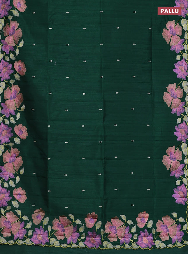 Semi raw silk saree dark green with embroidery work buttas and floral embroidery border