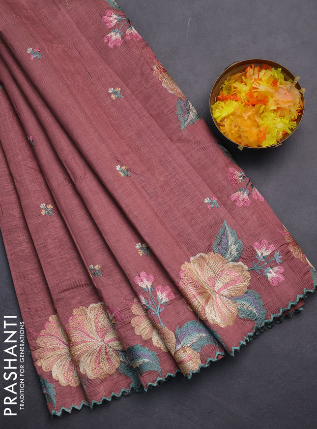 Semi raw silk saree brown shade with embroidery work buttas and floral embroidery border