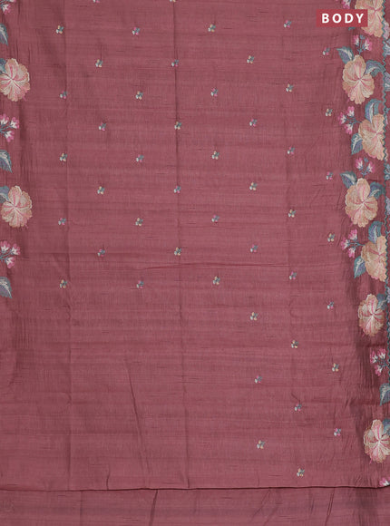 Semi raw silk saree brown shade with embroidery work buttas and floral embroidery border