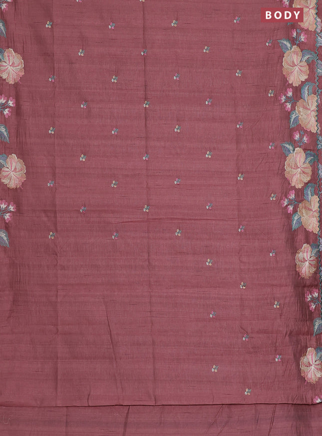 Semi raw silk saree brown shade with embroidery work buttas and floral embroidery border